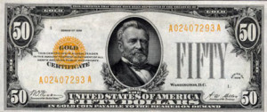 שטר של 50 דולר, המקנה למחזיק בו את הזכות להמיר אותו במטבעות זהב הלך חוקי של ארה"ב, בשווי 50 דולר. סדרת השטרות של 1928, ארצות הברית