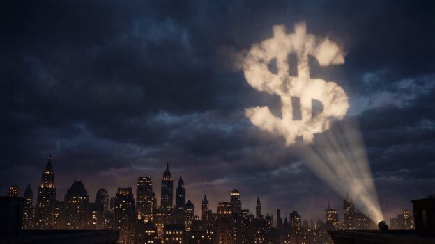 אות-דולר מואר מוקרן על עננים מעל קו רקיע עירוני בסגנון ארט-דקו