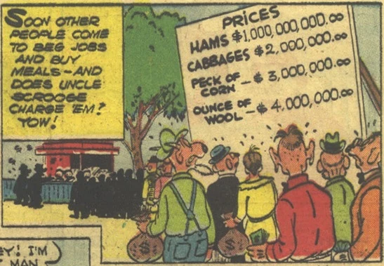 פאנל מתוך A Financial Fable של קארל ברקס: לוח המחירים שסקרוג' מקדאק תולה בשער החווה אחרי הטורנדו
