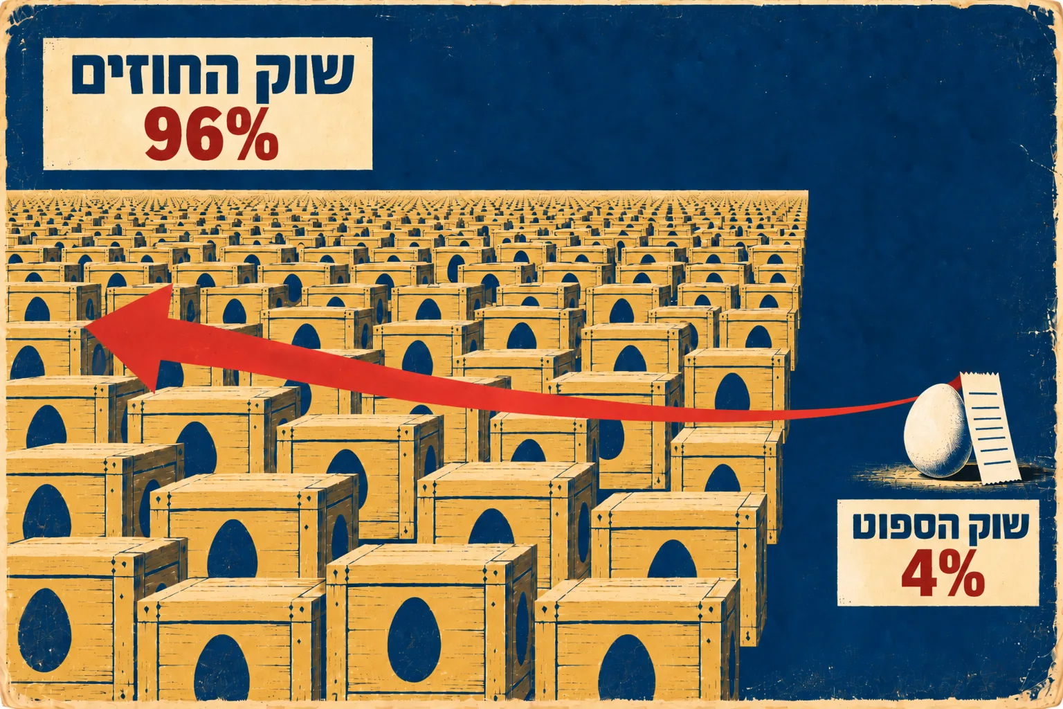 חץ אדום נמתח מפתק מחיר על ביצה בודדת המסומנת 4% אל שדה עצום של ארגזי ביצים המסומן 96%